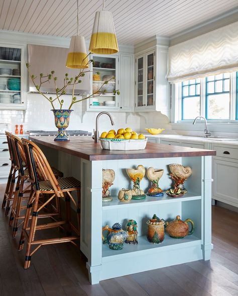 Inside A Unique New Jersey Beach House That's Cozy And Colourful New Jersey Beach House, Island Shelves, Colorful Kitchen Ideas, New Jersey Beach, Covered Back Porches, Red Ceiling, Jersey Beach, New Jersey Beaches, Colorful Kitchen