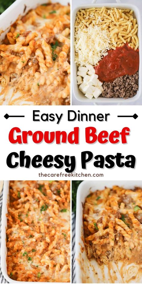 This easy cheesy Ground Beef Pasta Bake is a hearty, comfort food classic that the whole family will love. It’s got ground beef and pasta coated in a cheesy tomato sauce, topped with cheese and baked to golden brown perfection. #thecarefreekitchen #pasta #pastabake #dinner #hearty #classic #groundbeef #hamburger #tomatosauce #italian #comfortfood Ground Beef Pasta With Cream Cheese, Meals With Ground Beef And Pasta, Ground Beef Mozzarella Pasta Recipes, Simple Beef Pasta Recipes, Ground Beef Pasta Bake Recipes, Pasta Ideas With Ground Beef, Hamber Recipes Ground Beef With Pasta, Creamy Beef Pasta Bake, Crockpot Beef Pasta Recipes