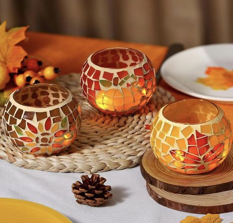 Set of 3 of mosaic candle holders Thanksgiving Candle, Fall Candle Holders, Thanksgiving Home Decorations, Dinner Table Centerpieces, Mosaic Candle Holders, Thanksgiving Candles, Mosaic Candle, Pumpkin Sunflower, Fall Decor Dollar Tree