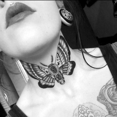 Moth, but not on neck Neck Tattoos Women Throat Butterfly, Butterfly Neck Tattoo, Tattoo Sonne, Nape Tattoo, Throat Tattoo, Neck Tattoos Women, Insect Tattoo, Disney Tattoo, Moth Tattoo