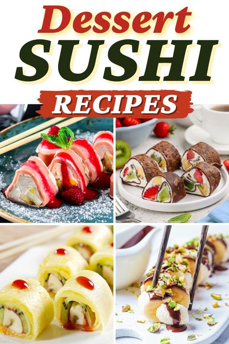 Sweet, fun, and colorful, these dessert sushi recipes are ideal for dinner parties. From sticky rice to chewy Rice Krispies, they're too good not to share. Food To Eat With Chopsticks, Chinese Thanksgiving, Candy Sushi Rolls, Sushi Dinner Party, Sushi Dessert, Copycat Food, Sweet Sushi, Fruit Sushi, Banana Sushi