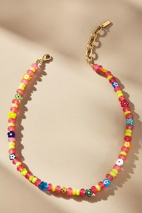 Logan Tay Colorful Flower Beaded Necklace | Anthropologie Blown Glass Beads Jewelry, Logan Tay, Flower Beaded Necklace, Mixed Beads Necklace, Pearl Resin, Bracelet Inspo, Purple Fits, Anthropologie Accessories, Phone Charms