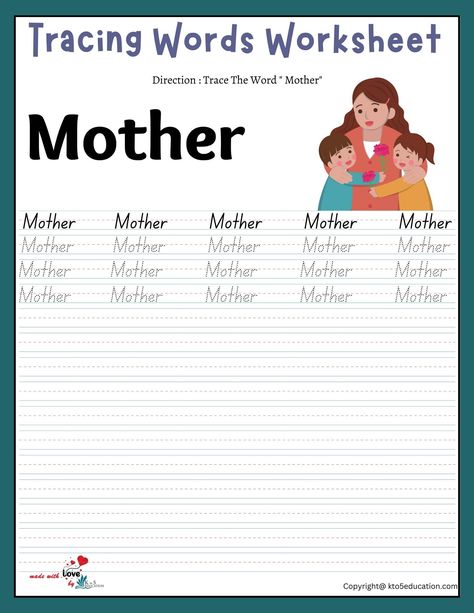 Family Tracing Words Worksheet Mother | FREE Download  Check more at https://kto5education.com/family-tracing-words-worksheet-mother/ Tracing Words, Free Family Printables, Word Tracing, Words Worksheet, Writing Worksheets, Tracing Worksheets, Mothers Love, Acupuncture, Reading Writing