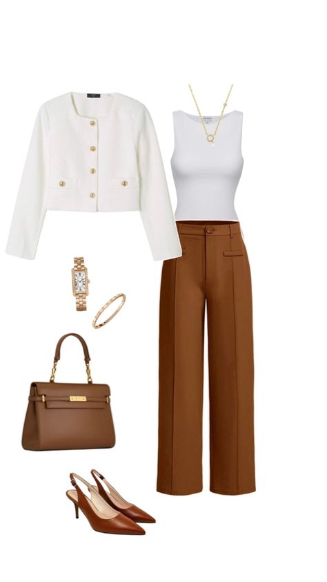 Outfit With Brown Pants, Cream Cardigan Outfit, Brown Pants Outfit, Old Money Outfit, Wide Leg Jeans Outfit, Money Outfit, Fashion Shoes Heels, Classic Style Outfits, Office Casual Outfit