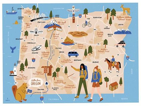 The colourful details in this Oregon map by @sunnyeckerle really bring it to life!  Love it? Find it on our online shop - mapsystudio.com.  #oregon #oregonprint #wallart #affordableart #mapsyfinds #mapillustration #mapart #illustratedmap #custommaps Oregon Map, Oregon Landscape, Oregon Trip, Portland Travel, Oregon Photography, Road Trip Map, Travel Art Journal, Cannon Beach Oregon, My New Home