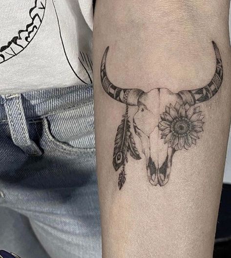 Bull Skull Tattoo Women Simple, Cow Skull With Sunflowers Tattoo, Small Bull Skull Tattoo For Women, Cow Head Tattoo Woman, Country Skull Tattoo, Out West Tattoo Ideas, Bull Skull With Sunflowers Tattoo, Bull Skull Tattoo Thigh, Feminine Bull Skull Tattoo