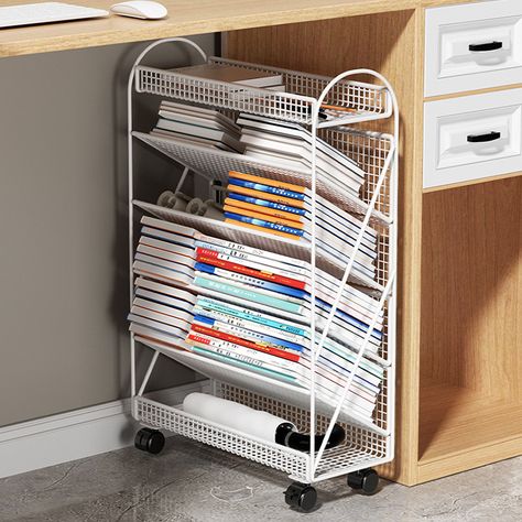 Art Storage Boxes, Rolling Cart Under Desk, Metal Organizer Storage Ideas, Desk Organization Notebooks, Under Desk Organization Storage Ideas, Textbook Organization Storage, Notebook Organization Storage, Shelf With Wheels, Under The Desk Storage Ideas