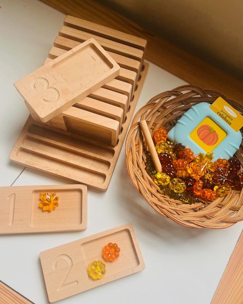 Still counting leaves, plus pumpkins 🍁🎃 Added this set up to her toy rotation this week. These counters from the dollar tree is my favorite find this season! ♻️ Link in bio for these beautiful counting + tracing trays ✨ #preschoolactivities #activitiesforkids #learningthroughplay #toddleractivites #easytoddleractivities #montessori #montessoriactivity #montessoriathome November Montessori, Montessori Shelves, Montessori Trays, Toy Rotation, Montessori Activities Preschool, Montessori Shelf, Easy Toddler Activities, Food Activities, Activities Preschool