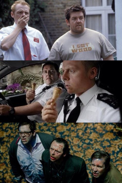 The Cornetto Trilogy Shaun of the Dead Hot Fuzz The World's End Directed by Edgar Wright. Starring Simon Pegg and Nick Frost Cornetto Trilogy, Nick Frost, Hot Fuzz, Celebrities Reading, Film Script, Edgar Wright, Good Movies On Netflix, Simon Pegg, British Comedy