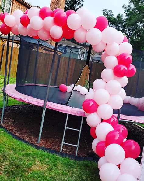 Attached to a trampoline garland Trampoline Decorations Birthday Parties, Birthday Trampoline Ideas, Trampoline Party Decorations, Decorate Trampoline For Party, Trampoline Decorations Ideas, Trampoline Decor, Trampoline Party Ideas, Trampoline Birthday Party Ideas, Pink Trampoline