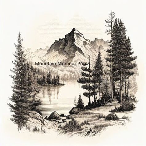 Pyrography Mountain Scene, Lake Landscape Tattoo, Mountain With River Tattoo, Mountain Lake Drawing, Mountain Scenery Tattoo, Mountain And Lake Tattoo, Mountain Scene Drawing, Mountain Lake Tattoo, Mountain Forest Tattoo