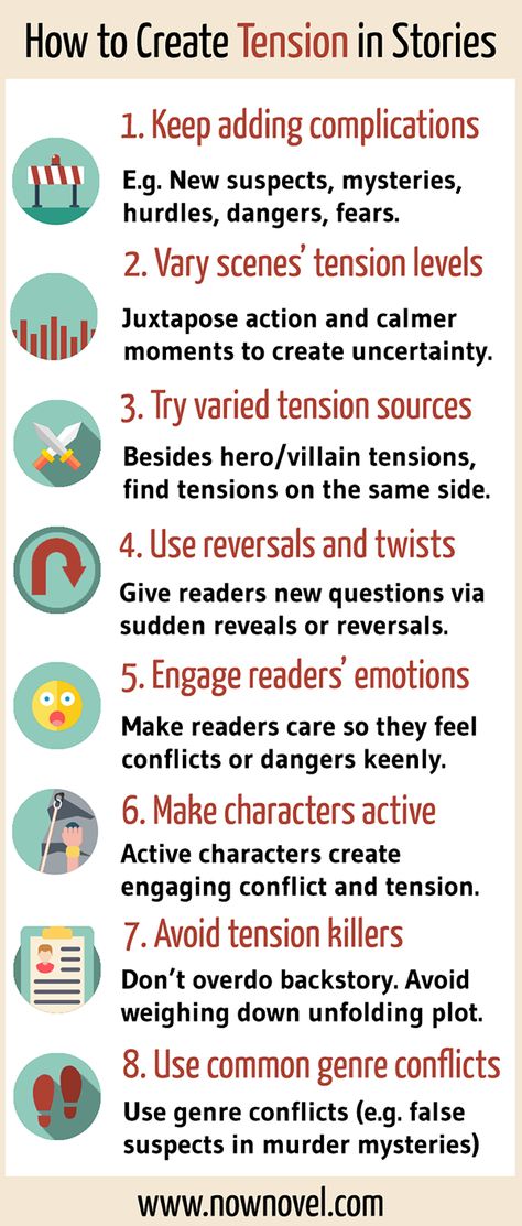 Suspense and tension are essential for a page-turner. Here is an infographic with techniques you can use to increase the tension in the rising action of a novel -- and keep your readers intrigued and invested in your story. Click through for more detailed writing tips on tension. #writinganovel, #writingtips, #writingadvice, #amwriting Creative Writing Tips, Writing Motivation, Writing Inspiration Prompts, Writing Characters, Book Writing Inspiration, Writing Challenge, Creative Writing Prompts, Book Writing, Book Writing Tips