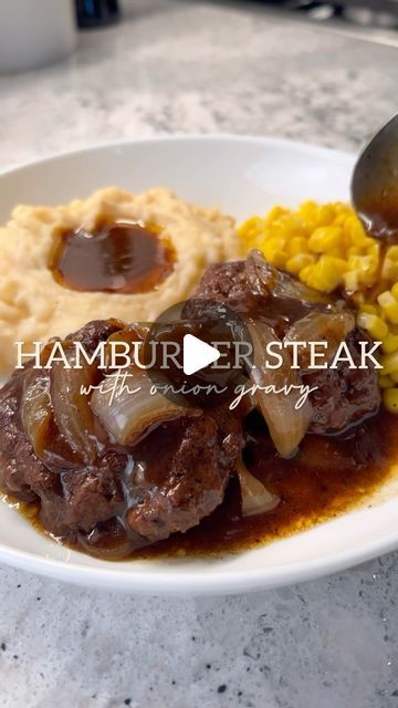 Hamburger Steak With Onion Gravy, Onion Mashed Potatoes, Hamburger Steak Recipes, Hamburger Steak And Gravy, Hamburger Gravy, Hamburger Steaks, Hamburger Steak, Onion Gravy, Hamburger Meat