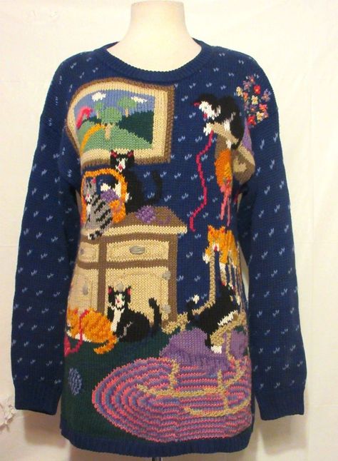 Cat Theme Outfit, Cat Sweaters Women, Maximalist Cardigan, Cat Themed Clothes, Granny Chic Fashion, Cool Jumpers, Winter Sweater Outfits, Novelty Sweater, Cat Sweater