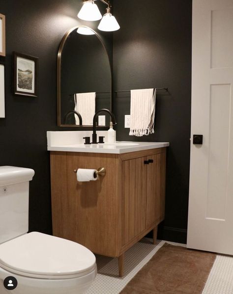 Dark Green Bathroom, Small Dark Bathroom, Charcoal Bathroom, Dark Green Bathrooms, Masculine Bathroom, White Paint Color, Dark Bathroom Ideas, Dark Bathrooms, Brown Bathroom