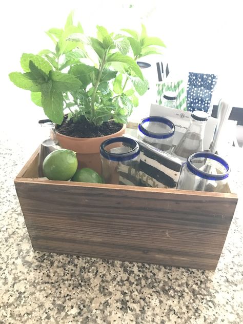 Mojito gift basket! Cocktail Theme Gift Basket, Truly Gift Basket, Mojito Gift Basket Ideas, Mojito Gift Basket, Plant Gift Basket, Appreciation Baskets, Drink Gift Basket, Alcohol Gift Baskets, Basket Raffle