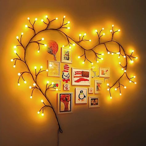 ESWELL Luminous DIY Willow Vine Home Decoration Artificial Grape Vine Wall Decor Indoor and Outdoor DIY Tree Branch Decoration 72 LED Light Ball(Orange) Yellow Living Room Decor Ideas, Window Living Room Decor, Vines With Lights, Hanging Star Light, Vine Lights, Window Living Room, Yellow Decor Living Room, Fireplace Windows, Tree Branch Decor