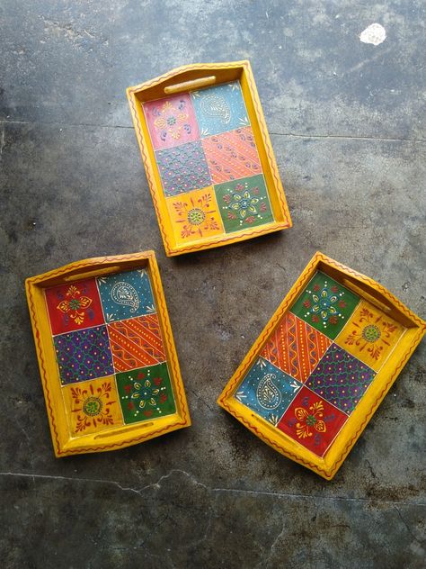 Beautiful Rajasthani hand-painted wooden serving tray Mdf Tray Painting, Painted Wooden Trays Ideas, Painting On Wooden Tray, Hand Painted Wooden Trays, Rajasthani Decoration, Wooden Tray Painting Ideas, Tray Painting Ideas, Wooden Decoration Ideas, Hand Painted Trays