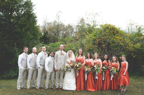 Loved our colors for the groomsmen and our bridal party. Burnt orange and beige Mexican Wedding Bridesmaids, Burnt Orange Wedding Party, Wedding Bridesmaids And Groomsmen, Orange Bridal Party, Orange Wedding Party, Burnt Orange Bridesmaid, Sienna Orange, Burnt Orange Bridesmaid Dresses, Orange Shades