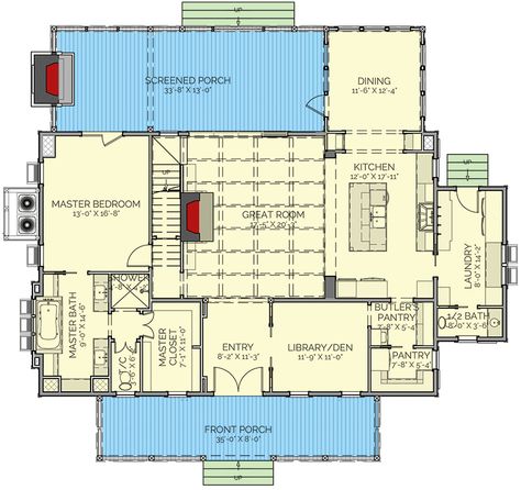 Dual-Story 3-Bedroom Country Cottage Farmhouse with Screened Porch and Bunk Room (Floor Plan) Bunk Room Floor Plan, Grand Fireplace, Outdoor Fireplace Plans, Cottage Flooring, Room Floor Plan, Kitchen Cozy, River Retreat, Retirement House, Cottage Plan