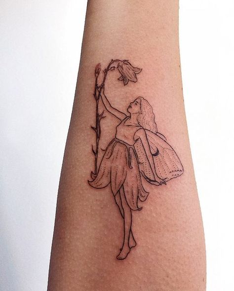 Snowdrop Fairy Tattoo, Bluebell Fairy Tattoo, Fairy Holding Flower Tattoo, Flower People Tattoo, Baby Fairy Tattoo, Flower Fairies Tattoo, Fairy And Flower Tattoo, Fairy Flower Tattoo, Bell Flower Tattoo