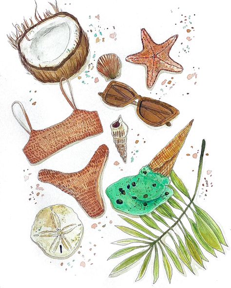 Boho Beach Aesthetic art print is a print of a my hand drawn, beachy bohemian watercolor painting featuring various beach icons including a swimsuit, melted ice cream, shells, a starfish, a coconut, a palm frond, and sunglasses. It is printed on a cold press, watercolor textured paper. Acid free, archival, and very sturdy with a matte finish. They are quickly shipped in both a plastic protective sleeve and a rigid mailer to ensure its safety during shipping. Each print is made to order- printed, Beach Aesthetic Art, Boho Beach Aesthetic, Melted Ice Cream, Bohemian Watercolor, Beachy Wall Art, Beachy Art, Beach Painting, Art Prints For Sale, Summer Wallpaper