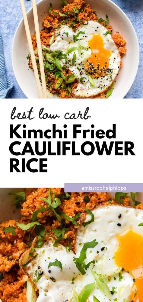 A twist on the Korean comfort food classic, this simple Kimchi Fried Rice is made lighter by switching out regular rice for riced cauliflower, topped with a crispy, sesame-fried egg. Kimchi Fried Cauliflower Rice, Cauliflower Kimchi Fried Rice, Riced Cauliflower Recipes, Kimchee Fried Rice, Korean Comfort Food, Fried Cauliflower Rice, Cauliflower Rice Recipe, Low Carb Grain, Keto Lunches