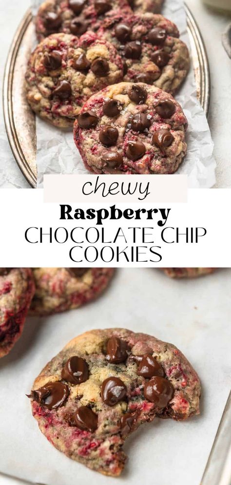 These raspberry chocolate chip cookies are loaded with juicy raspberries and melty chocolate chips. They're buttery and chewy with gooey centers and crisp edges. The raspberries add a delicious, tart and fruity element you'll love! Raspberry Chocolate Chip Cookies, Chocolate Raspberry Cookies, Blackberry Cookies, Oat Chocolate Chip Cookies, Triple Chocolate Chip Cookies, Raspberry Chocolate Chip, Milk Chocolate Chip Cookies, Chocolate Chip Pecan Cookies, Healthy Chocolate Chip Cookies