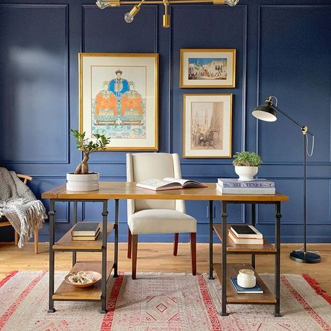 I love the mix of traditionalism and modern/industrial chic in this office. The dark blue panel walls are gorgeous! Yellow Room, Office Makeover, Home Office Setup, Own Home, Beautiful Furniture, Blue Walls, Apartment Therapy, Upholstered Chairs, Old Houses