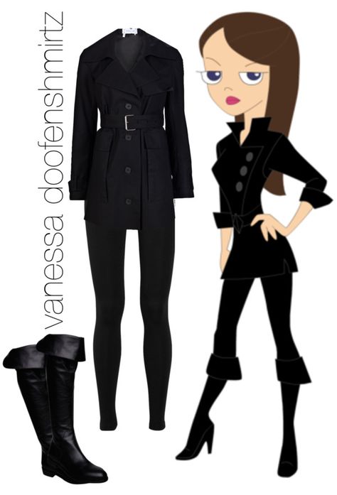 "vanessa, phineas and ferb" by simmaaay ❤ liked on Polyvore Characters Who Wear Black, Perry And Dr. Doofenshmirtz Costume, Halloween Costumes Closet, Halloween Costume From Closet, Vanessa Phineas And Ferb Costume, Vanessa Doofenshmirtz Costume, Disney Channel Costumes, Disney Characters Outfits, Vanessa Phineas And Ferb