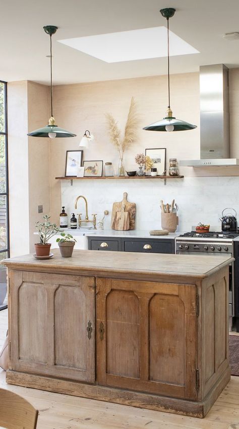 Kitchen Island Built In, Kitchen With Antique Cabinet, Kitchen With Pink Walls, Kitchen Along One Wall With Island, Adjustable Kitchen Island, Cute Kitchen Island, Plaster Kitchen Island, Plaster Pink Kitchen, Wooden Panel Kitchen