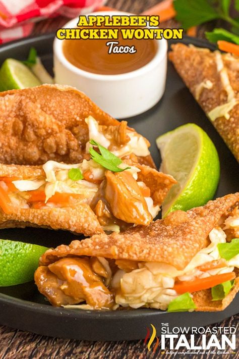 Chicken Wonton Tacos (Applebee’s Copycat!) - The Slow Roasted Italian Wonton Taco Shells, Wonton Chicken, Chicken Wonton Tacos, Wonton Tacos, Slow Roasted Italian, Chicken Wontons, Crispy Wonton, Wonton Recipes, Quick Meal Prep