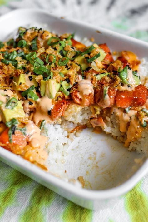 Teriyaki Salmon Sushi Bake for Two - Grilled Cheese Social Comfort Seafood Recipes, Teriyaki Salmon Sushi Bake, Bariatric Salmon Recipes, Salmon Recipes Sushi, Sushi Inspired Recipes, Cooked Salmon Sushi, Sushi Salmon Bake, Sushi Bake Salmon, Salmon Baked Sushi