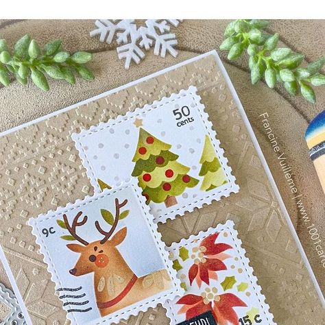 Francine Vuillème on Instagram: "Sometimes, there is new stuff you know you MUST HAVE! 😅🤣 This is what happened with the « Postage Collage Collection » from @waffleflowercrafts ! I created the postage stamps using the « Postage Collage Christmas Stencil ». I blended each layer with Distress inks. I also used the « Postage Collage Stamp Set » to add some fun details here and there. I die cut the postage stamps with the « Postage Collage Die ». It looks amazing! I added shiny accents but you ca Waffle Flower Postage Collage Christmas, Postage Stamp Cards, Postage Stamp Cards Ideas, Christmas Stamps Postage, Handmade Christmas Cards Using Dies, Waffle Flower Postage Collage, Postage Stamps Collage, Postage Stamps Crafts, Christmas Mail