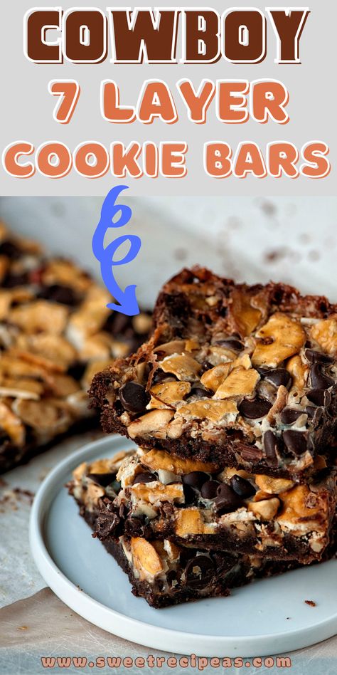 These Cowboy 7 Layer Cookie Bars are a twist on the classic 7 layer bar inspired by discontinued Trader Joe’s Cowboy Bark. Oreos, Peanuts, Chocolate, Almonds, Toffee, and Pretzels make up this yummy bar. 3 Layer Cookies, Layered Dessert Bars, Layered Cookie Bars, 7 Layer Brownie Bars, 7 Layer Cookies Bars, 5 Layer Cookie Bars, 7 Layer Cookie Bars, 7 Layer Bar, 7 Layer Bars Eagle Brand