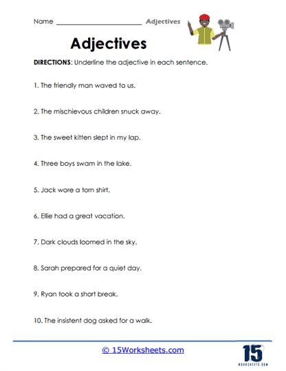 Underline the Adjective Worksheet - 15 Worksheets.com Adjectives Worksheet, Order Of Adjectives, Concrete Nouns, Types Of Verbs, Subordinating Conjunctions, Irregular Past Tense Verbs, Abstract Nouns, Linking Verbs, Possessive Nouns