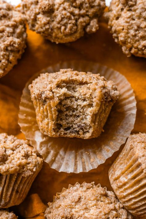 Sourdough Roasted Pumpkin Banana Muffins combine the deliciousness of sourdough with the rich, sweet flavors of roasted pumpkin and ripe banana. These fluffy muffins include pecans and a cinnamon brown sugar crumble topping. Sourdough Banana Pumpkin Muffins, Muffins With Pecans, Banana Sourdough, Sourdough Boule Recipe, Banana Pumpkin Muffins, Brown Sugar Crumble Topping, Sourdough Bun Recipe, Rye Sourdough Starter, Pumpkin Sourdough