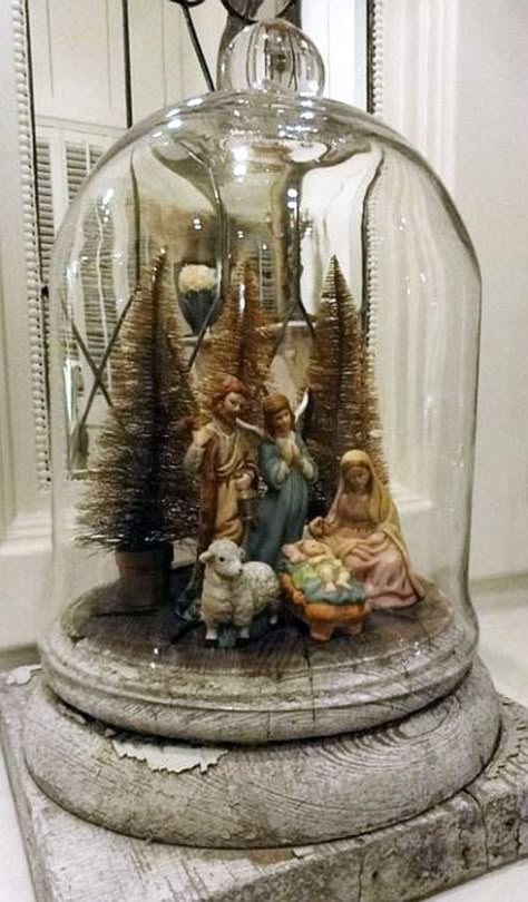 Christmas Cloche Ideas, Glass Cloche Decor, Christmas Cloche, Cloche Ideas, Glass Cloches, Nativity Scene Display, Cloche Decor, Christmas Vignettes, Festive Crafts