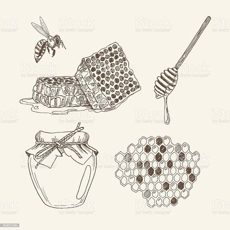 Honey Jar Tattoo, Dipper Tattoo, Honeycomb Tattoo, Retro Illustrations, Honey Dipper, Honey Jar, Retro Illustration, Honey Bee, Honeycomb