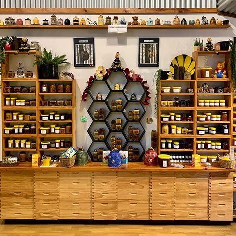 Specializing in Tasmanian Honey, Honey... Honey Display Ideas, Honey Booth Display Ideas, Honey Sales Display, Honey Store Design, Honey Shop Design Ideas, Honey Display, Honey Stand, Honey Liquor, Honey Store