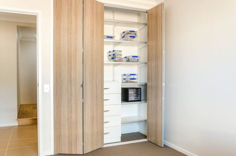 Folding Door Pantry, Bifold Wardrobe Doors, Bifold Laundry Room Doors, Folding Wardrobe Doors, Folding Door Wardrobe, Washer And Dryer In Closet, Dryer In Closet, Bifold Wardrobe, Plywood Pantry