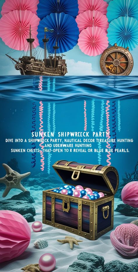 Dive into a shipwreck-themed party where underwater decor and treasure hunting lead to discovering a sunken chest that opens to reveal pink or blue pearls.
#ShipwreckReveal #NauticalReveal #GenderReveal #UnderseaParty #TreasureReveal Shipwreck Party, Underwater Decor, Gender Reveal Ideas, Blue Pearls, Under The Sea Party, Treasure Hunting, Pink Or Blue, Reveal Ideas, Shipwreck