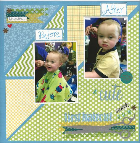 First Birthday Scrapbook Layouts, First Haircut Scrapbook Layout, 1st Birthday Scrapbook Layouts, Toddler Scrapbook Ideas, Baby Scrapbook Ideas Layout, Boy First Haircut, Baby Boy First Haircut, Toddler Scrapbook Layouts, Toddler Scrapbook