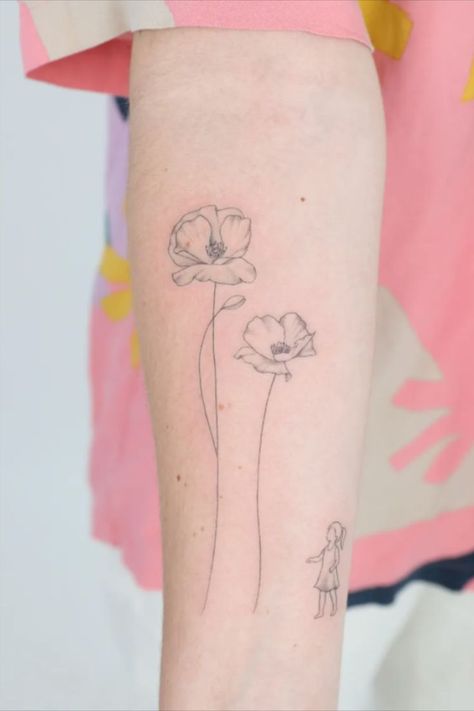 Fine line tattoo of two flowers and a little girl. Tattoo is created by New York-based fine line tattoo specialist JK Kim Faded Tattoo, Cursive Tattoos, Single Line Tattoo, Single Needle Tattoo, Elements Tattoo, Fine Line Tattoo, Petite Tattoos, Healing Tattoo, Wrist Tattoos For Women