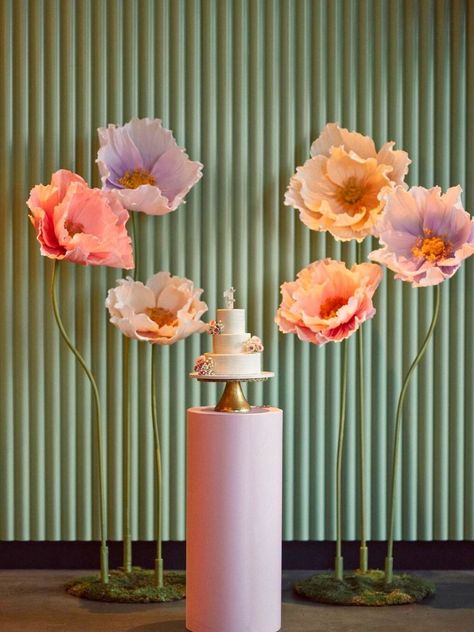 Floral installation by Flower Lab Free Standing Wedding Decorations, Giant Flower Backdrop, Baby Shower Gender Reveal Cake, Flowers In The Attic, Floral Installation, Floral Installations, Paper Flower Decor, Flower Installation, Larger Than Life