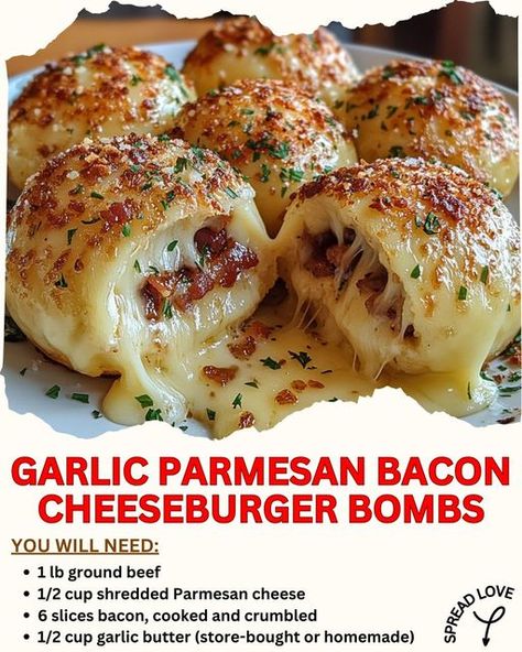 Get Ready to Indulge in Garlic Parmesan Bacon Cheeseburger Bombs! 🍔🧄🧀🥓 ✨ Ingredients: 1 lb ground beef ½ cup shredded Parmesan cheese 6 slices bacon, cooked and crumbled ½ cup garlic butter (store-bought or homemade) 1 can refrigerated biscuit dough 1 tablespoon garlic powder Salt and pepper to taste ✨ Instructions: Preheat Your Oven: Set it to a delicious 375°F (190°C). Prepare the Flavor-Packed Filling: In a bowl, combine the ground beef, Parmesan cheese, crumbled bacon, garlic powder, s... Garlic Butter Bacon Cheeseburger, Garlic Parmesan Cheeseburger Bites, Garlic Parm Cheeseburger Bites, Garlic Parmesan Cheeseburger, Garlic Parm Bites, Garlic Parmesan Bacon Cheeseburger Bomb, Garlic Parmesan Bacon Cheeseburger Bombshell, Garlic Parmesan Bacon Cheeseburger, Garlic Cheeseburger Bomb