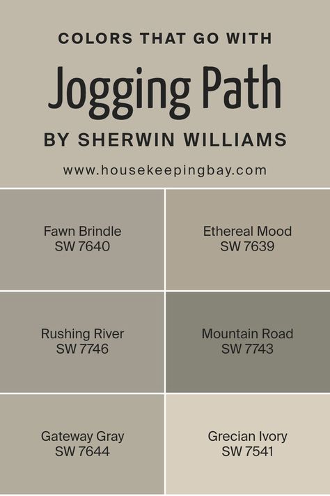 Colors that Go With Jogging Path SW 7638 by Sherwin Williams Jogging Path, Fawn Brindle, Sherwin Williams Gray, Family Room Makeover, Trim Colors, Farmhouse Paint Colors, House Color Palettes, Neutral Paint Colors, Sherwin Williams Paint Colors