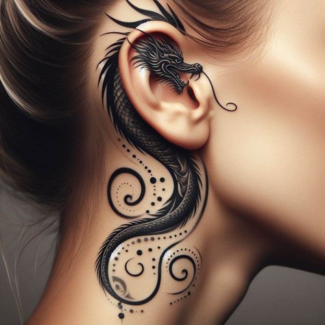 Mermaid Ear Tattoo, Black Dragon Tattoo For Women, Behind The Ear Dragon Tattoo, Dragon Tattoo Behind The Ear, Ear Dragon Tattoo, Dragon And Fairy Tattoo, Back Of Ear Tattoos For Women, Neck Dragon Tattoo, Dragon Ear Tattoo