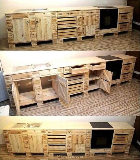 Make Kitchen Cabinets, How To Make Kitchen Cabinets, Pallet Kitchen Cabinets, Pallet Cabinet, Pallet Kitchen, Kabinet Dapur, Pallet Project, Pallet Designs, Decor Ikea