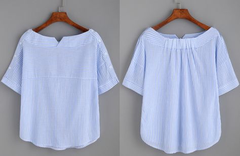 Blue Stripe Boat Neck Blouse With Buttons Boat Neck Blouse Pattern, Ladies Suit Design, Simple Boat, Smart Casual Women Outfits, Blouse With Buttons, Old Clothes Refashion, Boat Neck Blouse, Sewing Blouses, Simple Kurti Designs